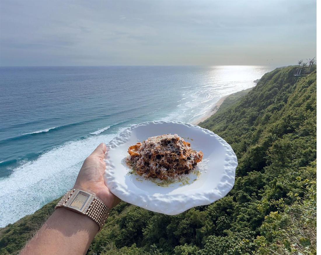 Pasta with ocean cliff view from Rockfish Cliffside Uluwatu